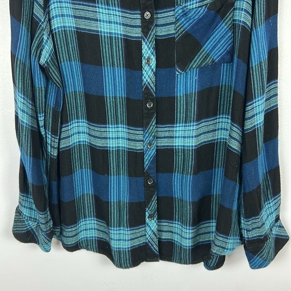 Beach lunch lounge Plaid Flannel Long Sleeve Button Down Shirt 1X Blue - Picture 4 of 12